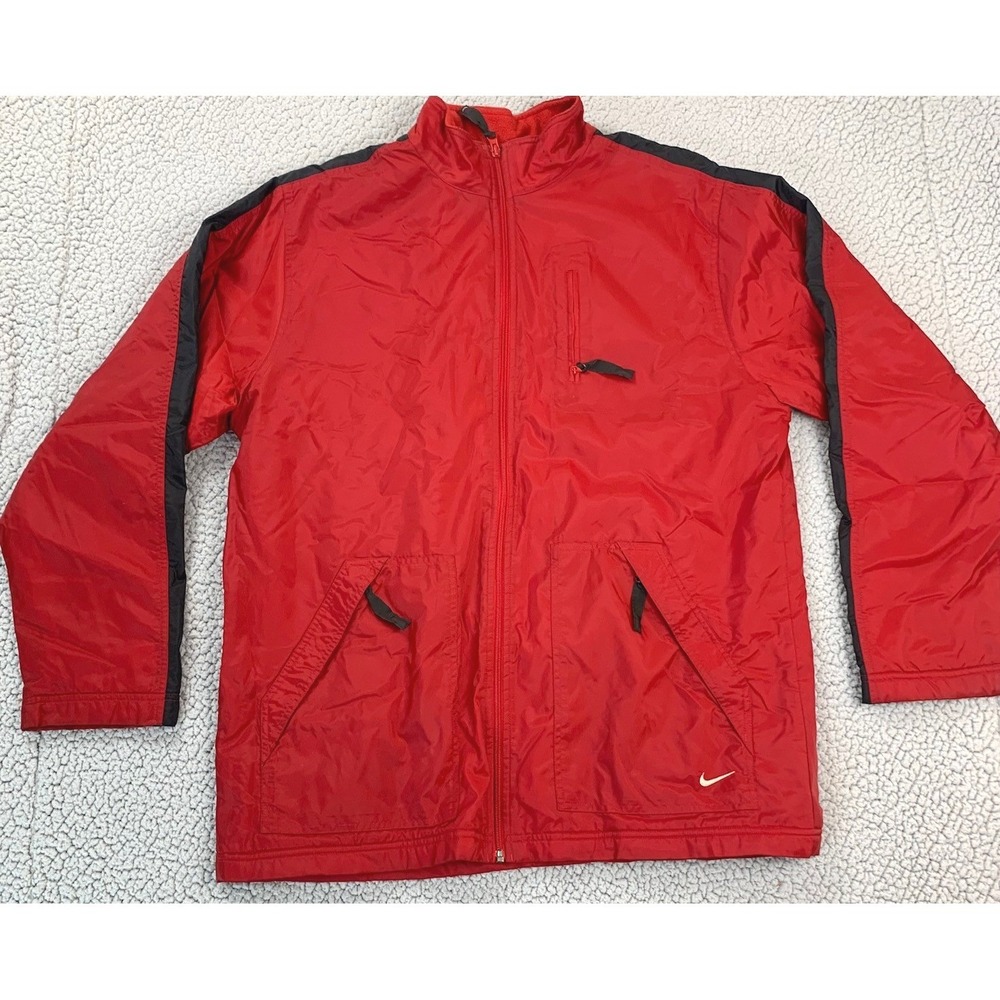 Nike Jacket Mens Large Red Black Full Zip Fleece Lined Windbreaker Coat